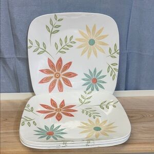 Corning CORELLE Vitrelle HAPPY DAYS Flowers 10.5 inches Square 6 DINNER PLATE